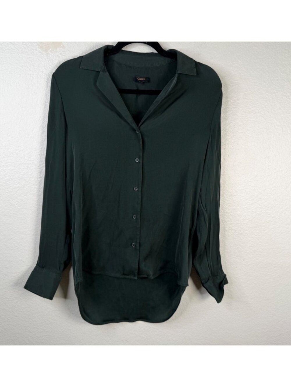 Quince Women's Forest Green Sz S Washable Stretch Silk Notch Collar Quiet Luxury
